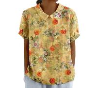 Women's Summer Cotton Linen Shirts with Pocket Short Sleeve Floral T-Shirt Collared Tunic Tops Blouses