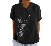 Women's Summer Cotton Linen Shirts with Pocket Short Sleeve Floral T-Shirt Collared Tunic Tops Blouses