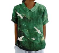 Women's Summer Cotton Linen Shirts with Pocket Short Sleeve Floral T-Shirt Collared Tunic Tops Blouses