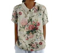 Women's Summer Cotton Linen Shirts with Pocket Short Sleeve Floral T-Shirt Collared Tunic Tops Blouses