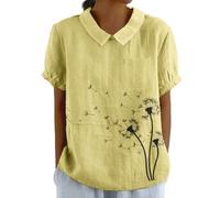 Women's Summer Cotton Linen Shirts with Pocket Short Sleeve Floral T-Shirt Collared Tunic Tops Blouses