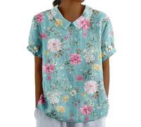 Women's Summer Cotton Linen Shirts with Pocket Short Sleeve Floral T-Shirt Collared Tunic Tops Blouses