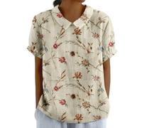Women's Summer Cotton Linen Shirts with Pocket Short Sleeve Floral T-Shirt Collared Tunic Tops Blouses