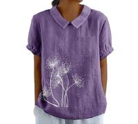 Women's Summer Cotton Linen Shirts with Pocket Short Sleeve Floral T-Shirt Collared Tunic Tops Blouses