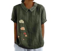 Women's Summer Cotton Linen Shirts with Pocket Short Sleeve Floral T-Shirt Collared Tunic Tops Blouses
