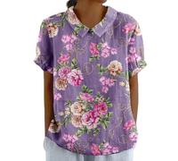 Women's Summer Cotton Linen Shirts with Pocket Short Sleeve Floral T-Shirt Collared Tunic Tops Blouses