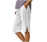 Womens Summer Cotton Linen Shorts UK Elastic Waist Knee Length Shorts Loose Casual Lounge Hot Pants Side Split Button Straight Leg Trousers with Pockets Solid Color Cargo Pant Beach White