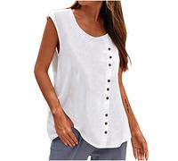 Women's Summer Cotton Linen Sleeveless Vest Button Crew Neck Tunic Tops Lounge Baggy Solid Plain Casual Shirts Trendy Blouse Going Out Tops White