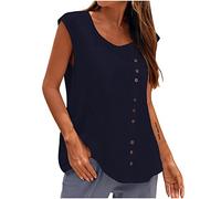 Women's Summer Cotton Linen Sleeveless Vest Button Crew Neck Tunic Tops Lounge Baggy Solid Plain Casual Shirts Trendy Blouse Going Out Tops Navy
