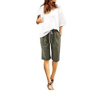 Women's Summer Cotton Linen Trousers Plus Size High Waisted Shorts Drawstring Sweatpant Lacing Beach Workout Pocket Five Point Pants Plus Size Women's Shorts Dailywear Loose-fit Crop Pant Army Green