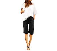 Women's Summer Cotton Linen Trousers Plus Size High Waisted Shorts Drawstring Sweatpant Lacing Beach Workout Pocket Five Point Pants Plus Size Women's Shorts Dailywear Loose-fit Crop Pant Black