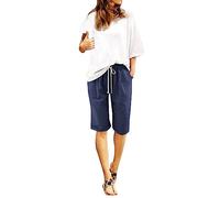 Women's Summer Cotton Linen Trousers Plus Size High Waisted Shorts Drawstring Sweatpant Lacing Beach Workout Pocket Five Point Pants Plus Size Women's Shorts Dailywear Loose-fit Crop Pant Dark Blue