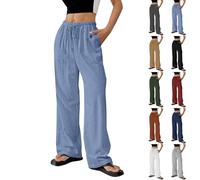 Women's Summer Cotton Linen Wide Leg Straight Leg Pants Solid Color Drawstring Elastic Waist Ladies Lounge Pants with Pockets Casual Holiday Cropped Linen Trousers Breathable Quick Dry Joggers Blue