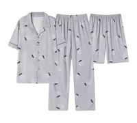 Women'S Summer Cotton Pyjamas Sets Printed 3 Piece Short Sleeve Button Up Tops Casual Shorts And Trousers Pjs Set Breathable Plus Size Baggy Nightwear Sleepwear Cosy Soft Loungewear Suits 2026 New