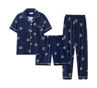 Women'S Summer Cotton Pyjamas Sets Printed 3 Piece Short Sleeve Button Up Tops Casual Shorts And Trousers Pjs Set Breathable Plus Size Baggy Nightwear Sleepwear Cosy Soft Loungewear Suits 2026 New