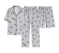Women'S Summer Cotton Pyjamas Sets Printed 3 Piece Short Sleeve Button Up Tops Casual Shorts And Trousers Pjs Set Breathable Plus Size Baggy Nightwear Sleepwear Cosy Soft Loungewear Suits 2026 New