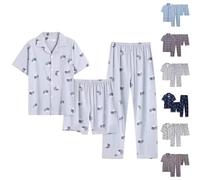 Women'S Summer Cotton Pyjamas Sets Printed 3 Piece Short Sleeve Button Up Tops Casual Shorts And Trousers Pjs Set Breathable Plus Size Baggy Nightwear Sleepwear Cosy Soft Loungewear Suits 2026 New