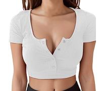 Women's Summer Crew Neck Crop Tops 2026 Trendy Cute Loose Fit Cropped T Shirts Going Out Button Down Casual Crop Top Sexy Going Out Half Shirts Short Sleeve Tees Shirts Tshirt Womens White