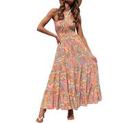 Women's Summer Criss Cross Halter Neck Dress Sleeveless Tie Backless Cut Out Ruffle Tiered Flowy A Line Floral Maxi Dress (Orange, Large)