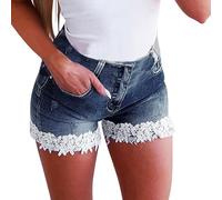 Women's Summer Denim Shorts - Sexy Lace Trim Mid-Rise Stretchy Jean Shorts with Butt Lifting Design - Casual Trendy High Waist Pocketed Denim Pants for Everyday Wear