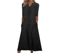 Women's Summer Dress - Black, Size M/L, V-Neck, Short Sleeve, Maxi, Print, Button, Formal, Adult Women, Dress