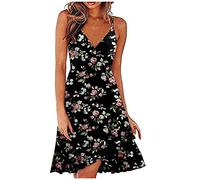 Womens Summer Dress Clearance Lady V Neck Sleeveless Strappy Tunic Boho Floral Print Beach Dresses Girls Casual Vintage A Line Flowy Beach Holiday Dress Spaghetti Swing Midi Sundress with Pockets