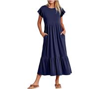 Womens Summer Dress Clearance Plain Crewneck Cotton Dress Casual Layered Swing Flowy Bohemian Beach Dress Holiday Going Out Short Sleeve Dress Lady Summer Boho Midi Dress Party Dresses With Pockets
