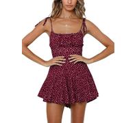 Women's Summer Dress Floral Sleeveless Beach Dress Vintage Mini Dress Coverall Playsuit (red, M)