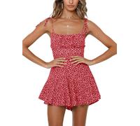 Women's Summer Dress Floral Sleeveless Beach Dress Vintage Mini Dress Coverall Playsuit (WatermelonRed, L)