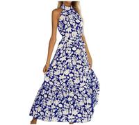 Women's Summer Dress Halter Neck Boho Maxi Dresses Floral Print Sleeveless Long Dress Bohemian Pleated Beach Dress Ladies Flowy Holiday Swing Loose Fit Dresses for Party Evening Blue