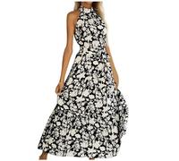 Women's Summer Dress Halter Neck Boho Maxi Dresses Floral Print Sleeveless Long Dress Bohemian Pleated Beach Dress Ladies Flowy Holiday Swing Loose Fit Dresses for Party Evening Black