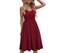 Womens Summer Dress Lady V Neck Sleeveless Strappy Pleated Dress Boho Solid Beach Dresses Ladies Spaghetti Strap Sling Party Mini Dress Girls Casual Vintage A Line Flowy Beach Holiday Sundress Wine