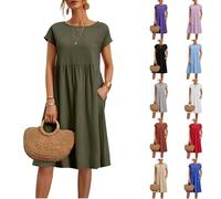 Womens Summer Dress Linen Dresses for Women UK 2025 Summer Casual Comfy Cotton Short Sleeve Midi Dress Solid Color A Line Tunic Beach Sundress (Green #1, XXXXXL)