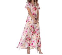 Womens Summer Dress Maxi Dress Beach Holiday Floral Print Chiffon V-Neck Flutter Sleeve Ruffle Short Sleeve Lightweight Elegant Italian Full Skirt Pink Dresses Pink Dresses