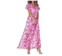 Womens Summer Dress Maxi Dress Beach Holiday Floral Print Chiffon V-Neck Flutter Sleeve Ruffle Short Sleeve Lightweight Elegant Italian Full Skirt Hot Pink Dresses Hot Pink Dresses