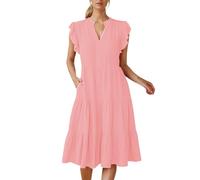 Women's Summer Dress Mid Length Flowy Summer Dress V Neck Ruffle Solid Color Classic Casual Pleated Loose Fit Swing Chic And Elegant Everyday Comfortable Going Out Basic Dress