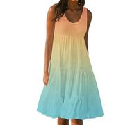 Women's Summer Dress Plus Size Boho Midi Dresses Casual Sleeveless Sundress Bohemian Pleated Beach Dress Ladies Flowy Holiday Swing Loose Fit Dresses for Party Evening Yellow