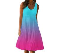 Women's Summer Dress Plus Size Boho Midi Dresses Casual Sleeveless Sundress Bohemian Pleated Beach Dress Ladies Flowy Holiday Swing Loose Fit Dresses for Party Evening Blue