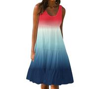 Women's Summer Dress Plus Size Boho Midi Dresses Casual Sleeveless Sundress Bohemian Pleated Beach Dress Ladies Flowy Holiday Swing Loose Fit Dresses for Party Evening Red