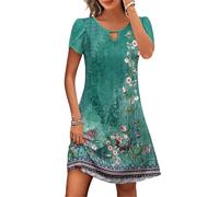 Women's Summer Dress Sale Knee-Length Short Sleeve T-Shirt Dresses Casual Round Neck Boho Beach Dresses Summer Elegant Mini Dress Colourful Flowers Print Blouse Dress Vintage Party Dress UK Size