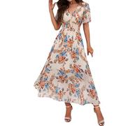 Women's Summer Dress Short Sleeve Boho Dress Women's Blouse Dress Sexy V-Neck Dresses Floral Pattern Dress High Waist Midi Dress Lightweight Ball Dress Comfortable Tunic Dress Holiday Casual Dresses