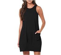 Womens Summer Dress Sleeveless Crew Neck Midi Dresses with Pockets Ladies Elegant Party Short Dress Solid Color Casual Loose Tunic Dresses Holiday Beach Sundress T Shirt Tank Dress Clearance