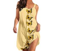 Women's Summer Dress Sleeveless Nightdress Boho Flower Butterfly Print Beach Dress Flowy A-line Mini Sundress Party Dress Ladies Comfy Soft Nighties Sleepwear Nightgown Yellow
