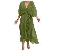 Women's Summer Dress Solid Color Lace Up Long Dress Bat Sleeves Dress Ladies Bohemian Tunic Dress (Green, XXL)