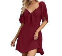 Womens Summer Dress UK V Neck Ruffle Short Sleeve Midi Dress Elegant Party Dresses Solid Casual Tunic Dress Front Tie Short Dress Going Out Dress Holiday Vacation Wine