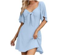 Womens Summer Dress UK V Neck Ruffle Short Sleeve Midi Dress Elegant Party Dresses Solid Casual Tunic Dress Front Tie Short Dress Going Out Dress Holiday Vacation Light Blue