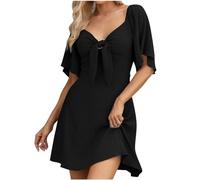Womens Summer Dress UK V Neck Ruffle Short Sleeve Midi Dress Elegant Party Dresses Solid Casual Tunic Dress Front Tie Short Dress Going Out Dress Holiday Vacation Black