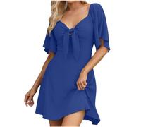 Womens Summer Dress UK V Neck Ruffle Short Sleeve Midi Dress Elegant Party Dresses Solid Casual Tunic Dress Front Tie Short Dress Going Out Dress Holiday Vacation Blue