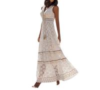 Women's Summer Dress V Neck Boho Dress Women's Long Floral Lace Tassels Cutout Party Dress Boho Sleeveless Maxi Dresses Light and Airy Ball Dress Beach Tunic Dress Plain Casual Dresses