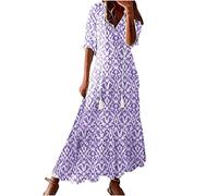 Women's Summer Dress V Neck Boho Maxi Dresses Casual Half Sleeve Long Dress Bohemian Pleated Beach Dress Ladies Flowy Holiday Swing Loose Fit Dresses for Party Evening